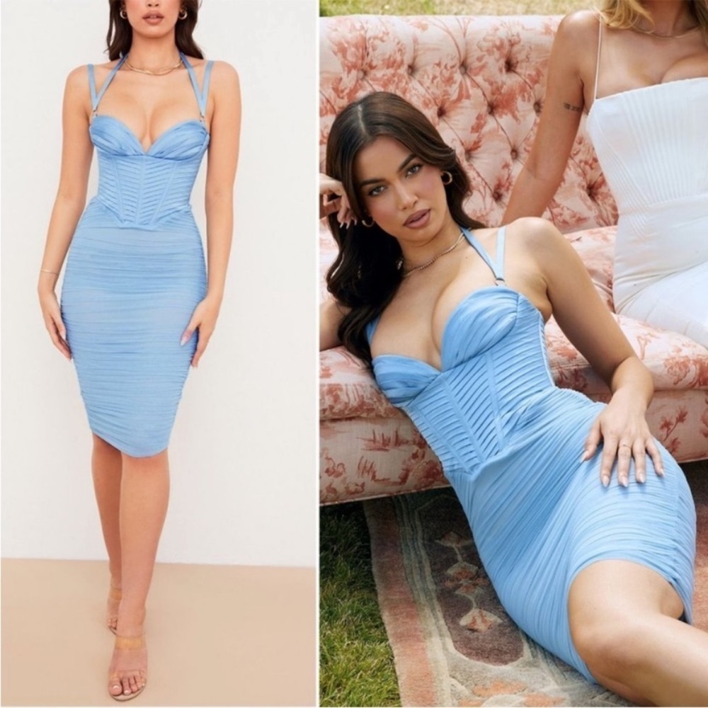 House of CB ‘Josephine’ Baby Blue Pleated Corset Midi Dress NWOT size L - Picture 4 of 13
